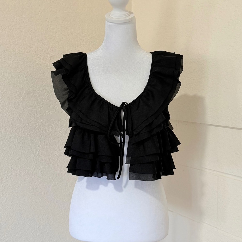 American Rag Ruffle Crop Top Vest Womens M Black Tiered Tie Front Whimsigoth